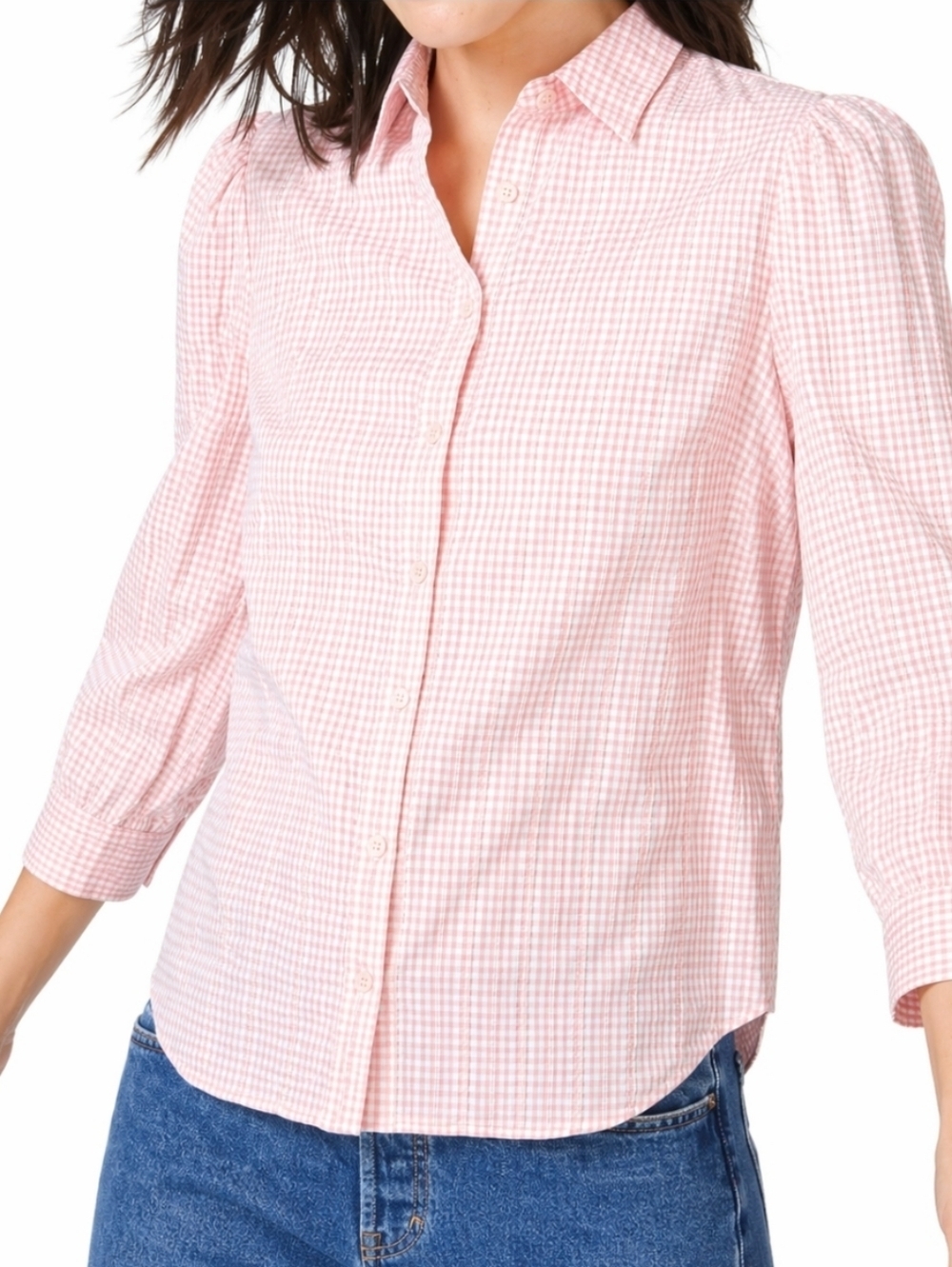 Court & Rowe 100% Cotton Pink Gingham Embroidered Puff Sleeve Button Down Shirt